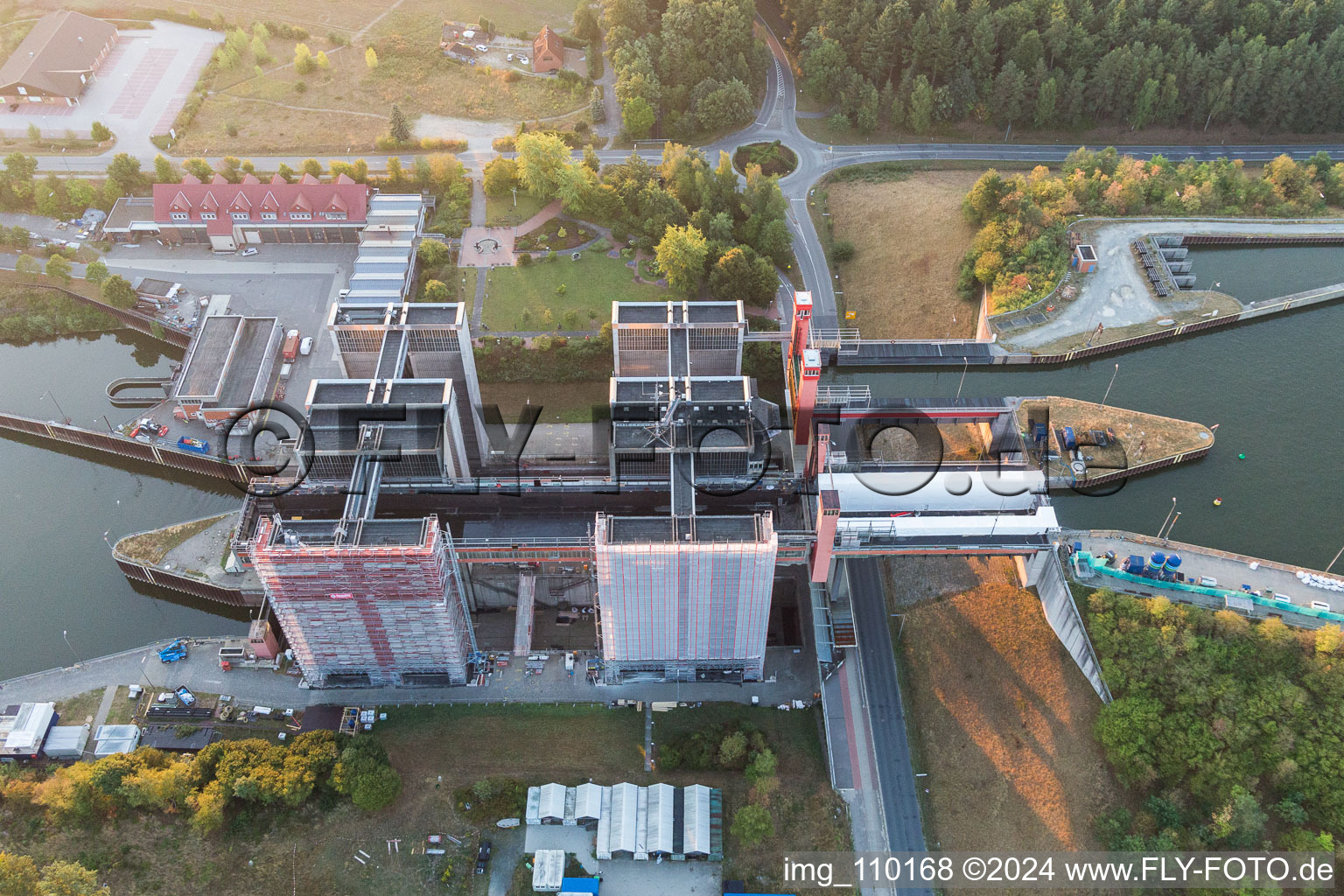 Drone recording of Boat lift and locks plants on the banks of the waterway of the Elbe side channel in Scharnebeck in the state Lower Saxony, Germany