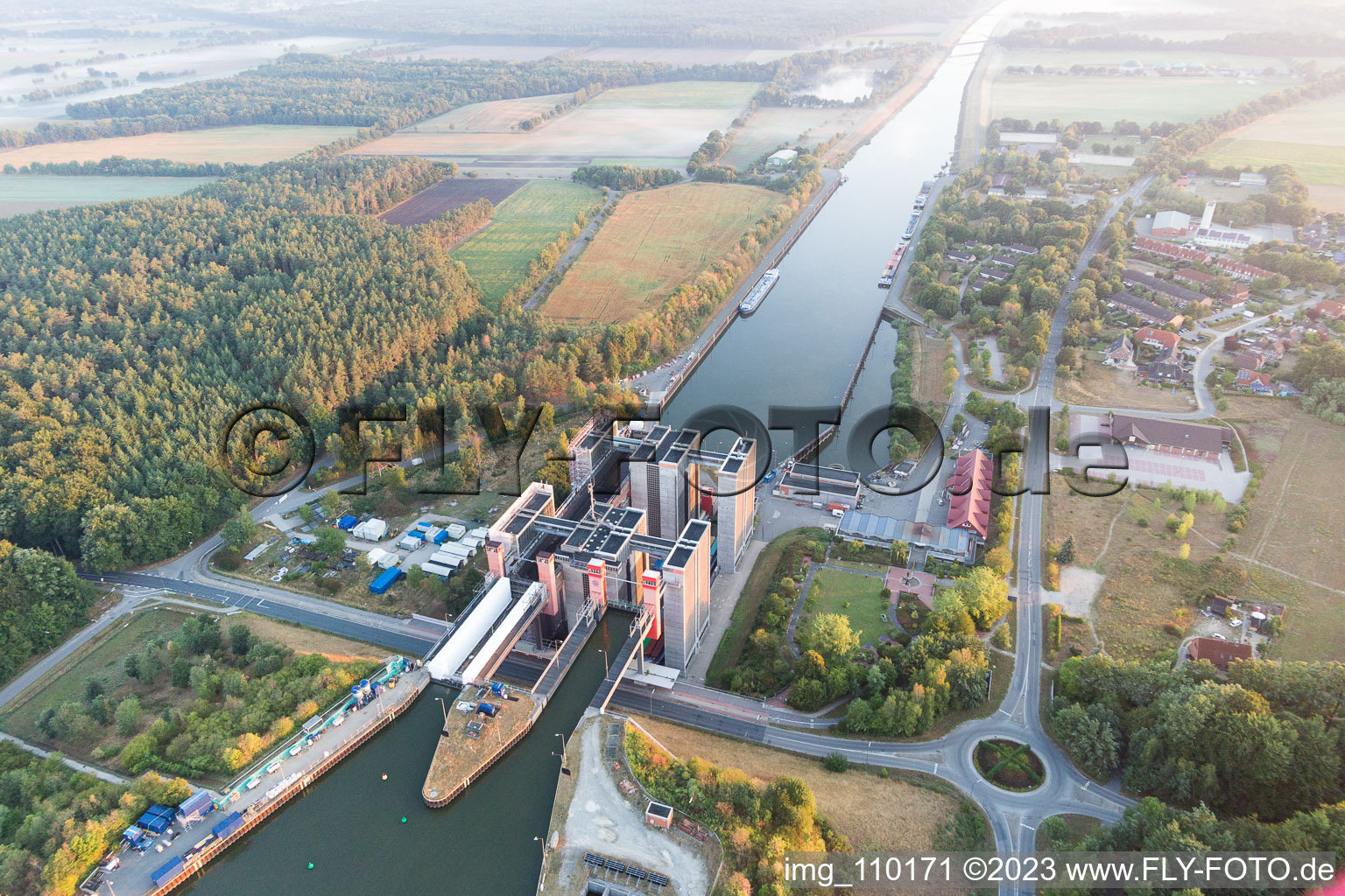 Drone image of Boat lift and locks plants on the banks of the waterway of the Elbe side channel in Scharnebeck in the state Lower Saxony, Germany