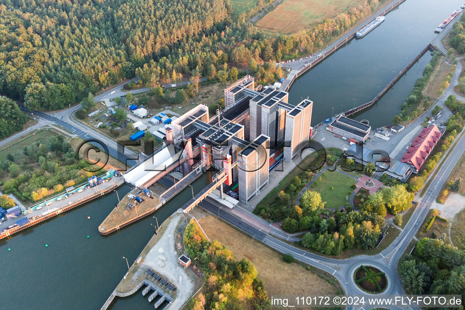 Boat lift and locks plants on the banks of the waterway of the Elbe side channel in Scharnebeck in the state Lower Saxony, Germany from the drone perspective
