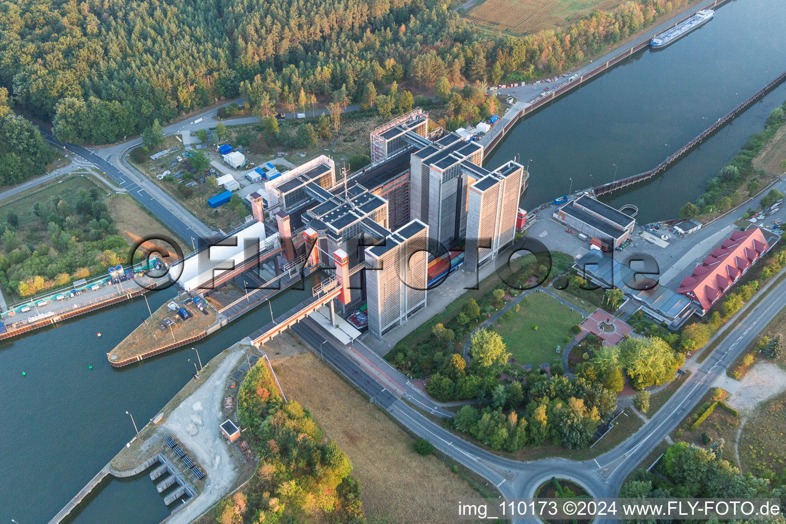 Boat lift and locks plants on the banks of the waterway of the Elbe side channel in Scharnebeck in the state Lower Saxony, Germany from a drone