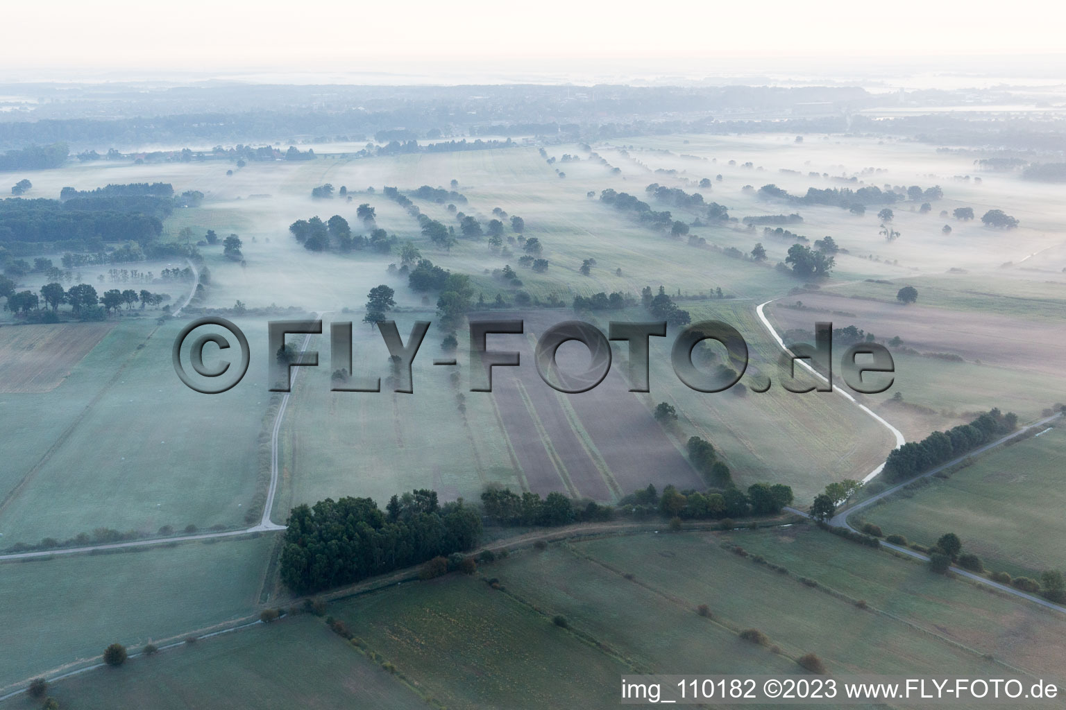 Aerial view of Morning fog over the Elbe floodplain near Boizenburg in Echem in the state Lower Saxony, Germany