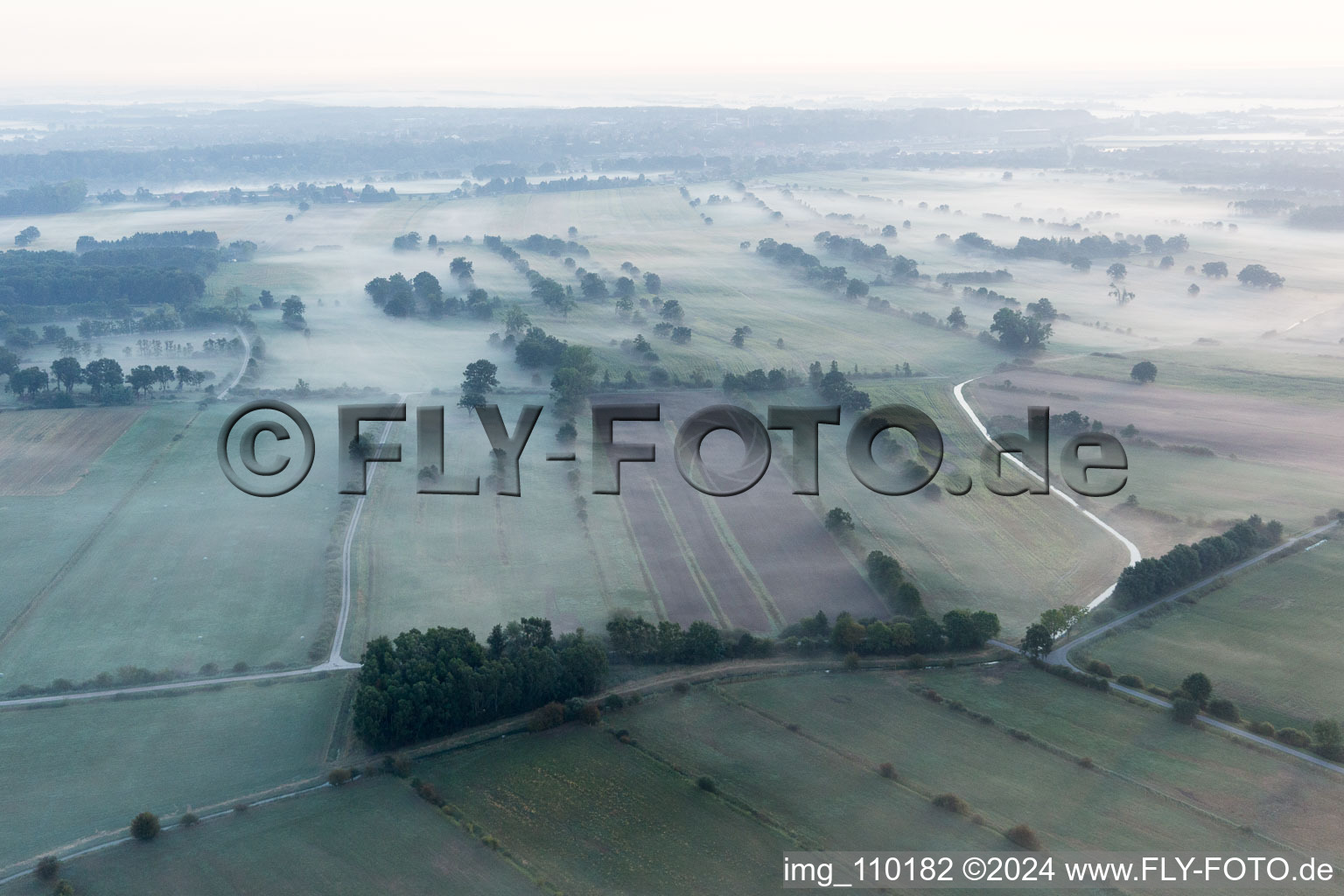 Aerial view of Morning mist over the Elbe valley near Boizenburg in Echem in the state Lower Saxony, Germany