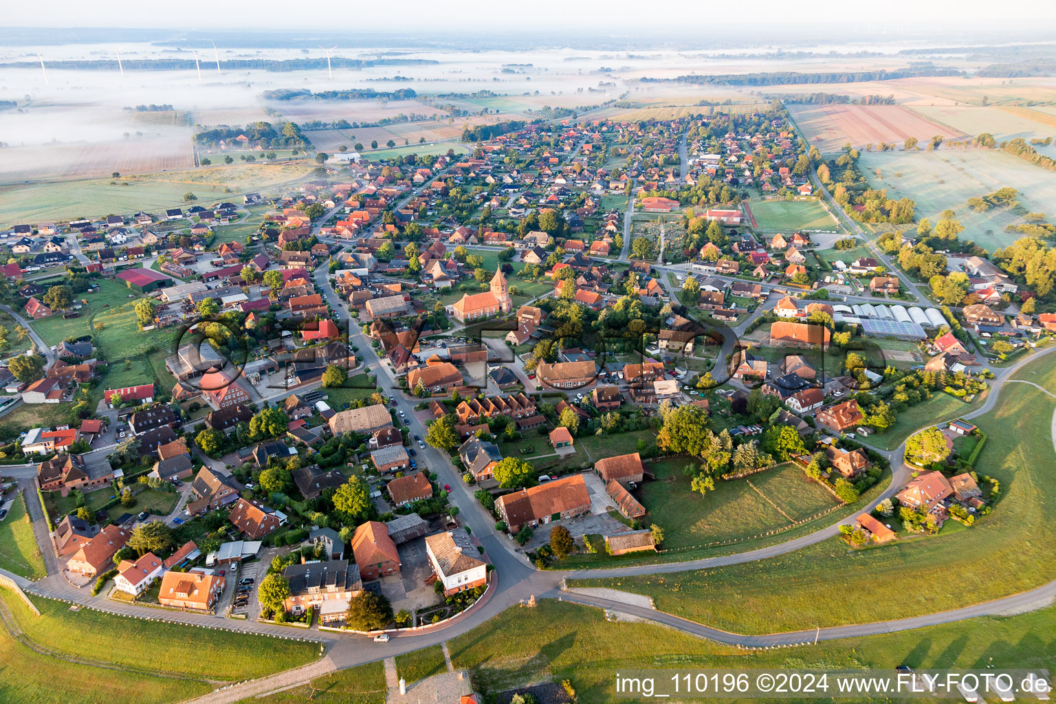 Aerial view of Village on the river bank areas of the River Elbe in Artlenburg in the state Lower Saxony, Germany