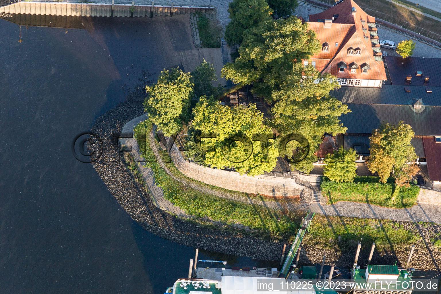 Aerial view of Ferry house in Zollenspieker in the state Hamburg, Germany