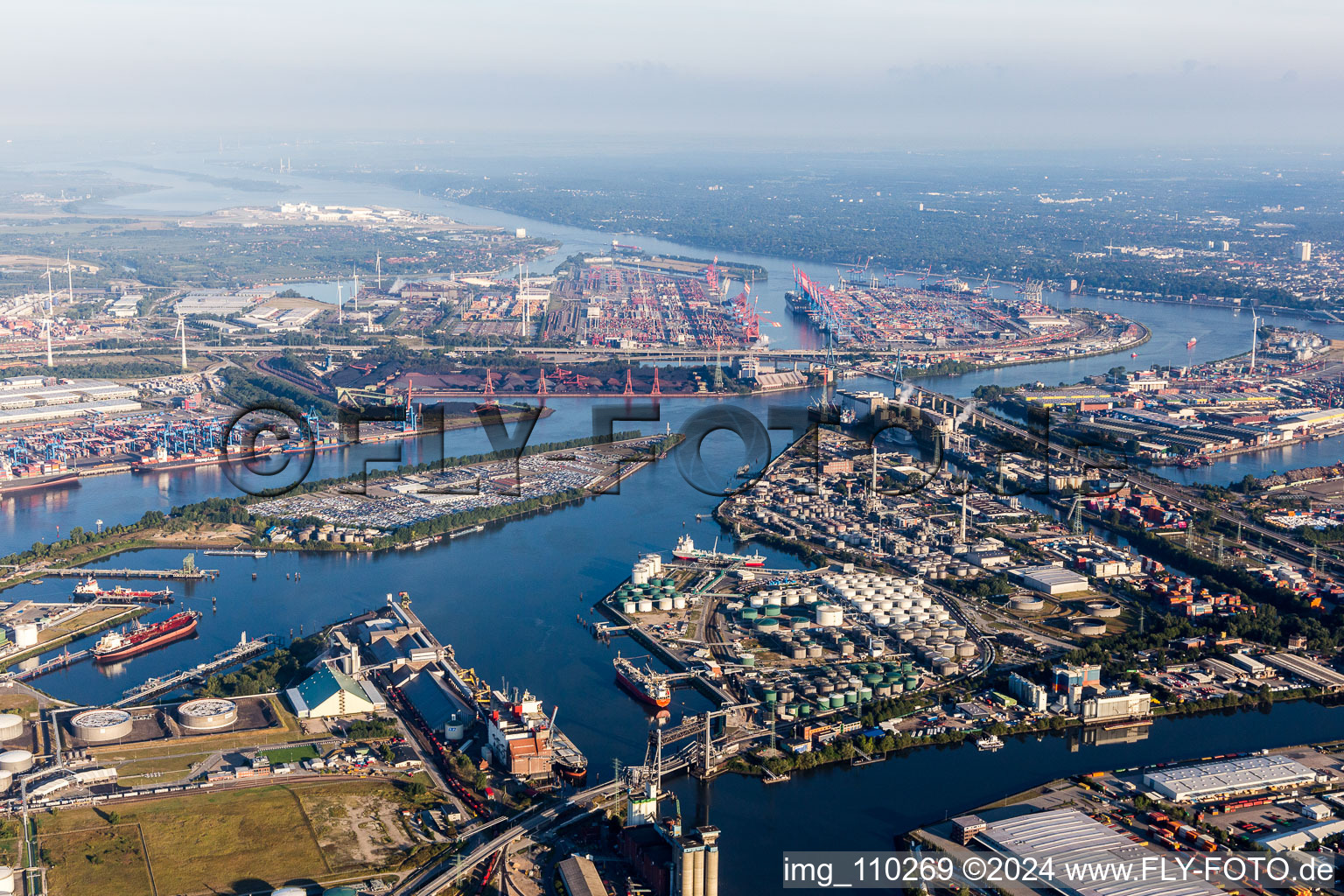 Container Terminal in the port of Waltershofer behind a Island with BLG Car-Terminal Hamburg GmbH & Co. KG in Hamburg, Germany