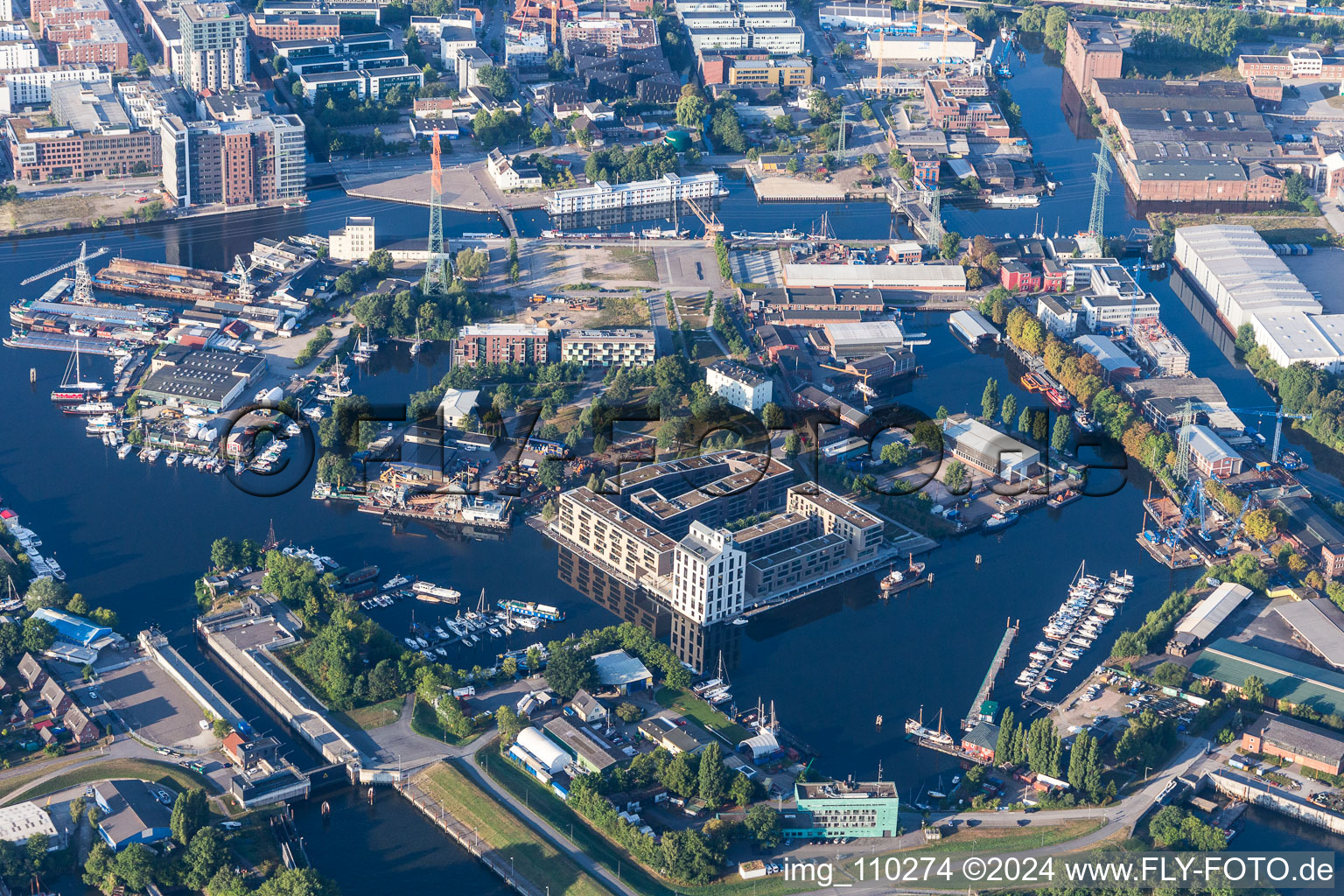 Aerial view of Castle-Island on the banks of the ports of Harburg in the district Harburg in Hamburg, Germany