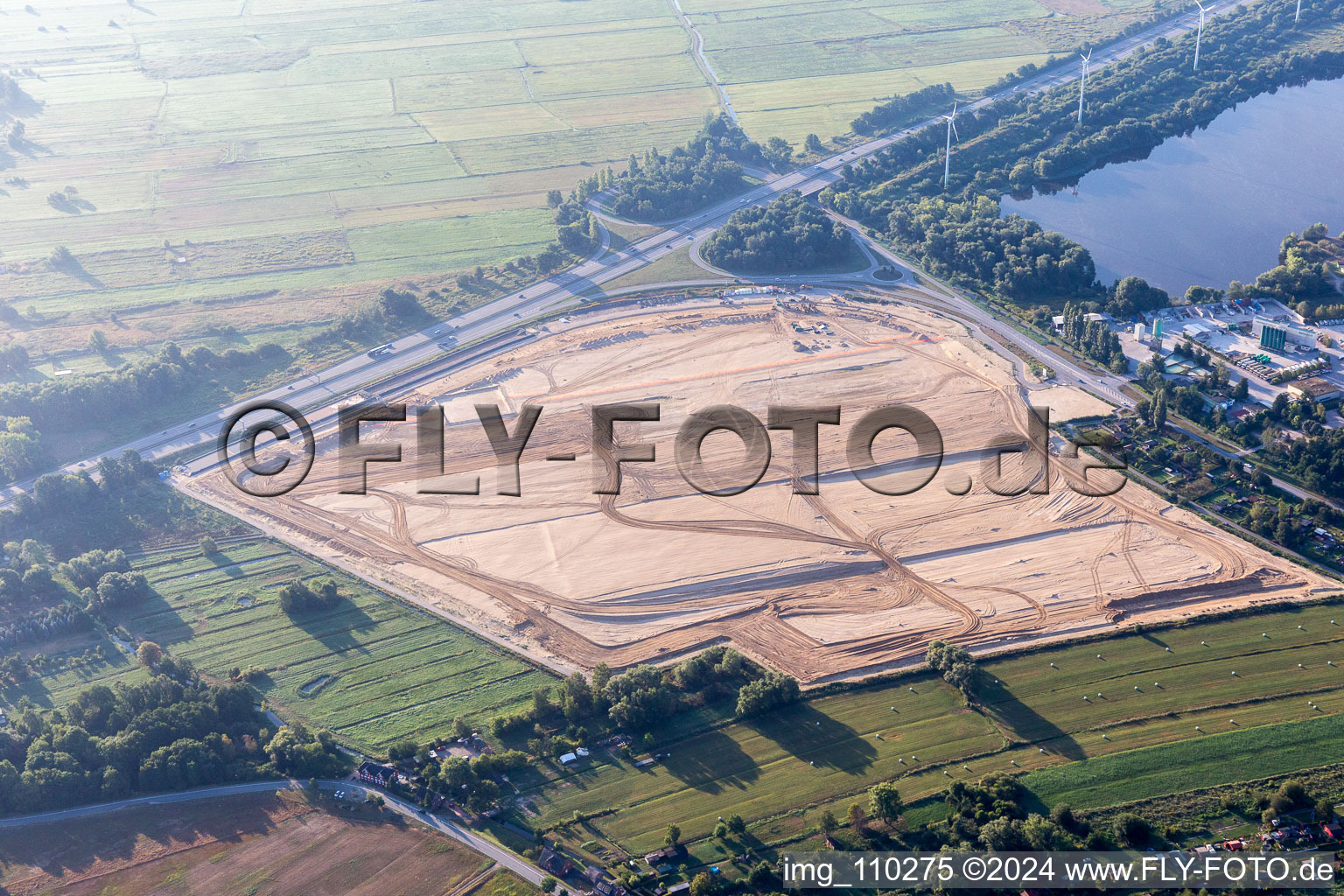 Aerial view of Construction site with development works and embankments works in den Neulaender Wettern on A1 AS Hamburg-Harburg in the district Harburg in Hamburg, Germany