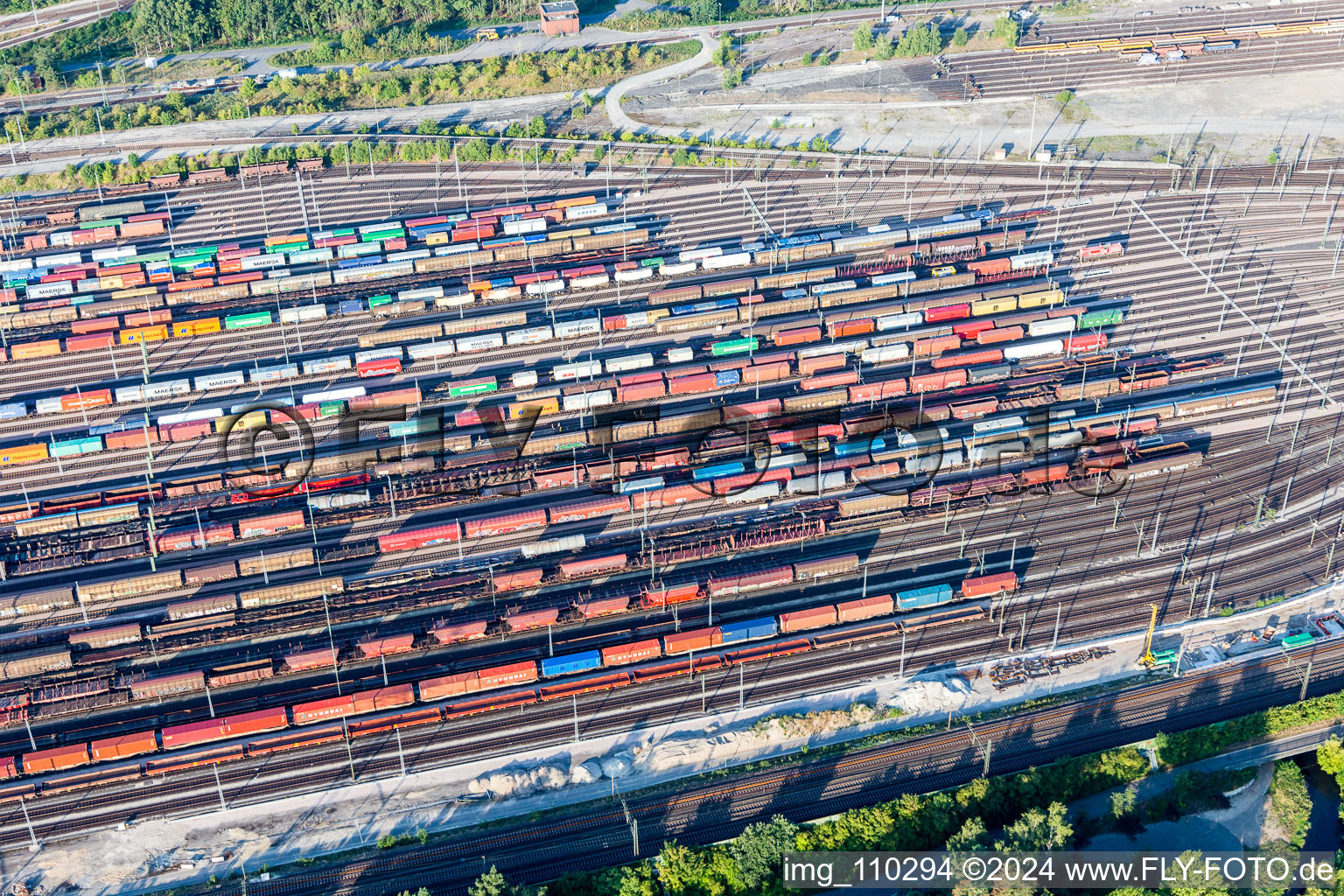 Marshalling yard and freight station Maschen of the Deutsche Bahn in the district Maschen in Seevetal in the state Lower Saxony, Germany seen from above