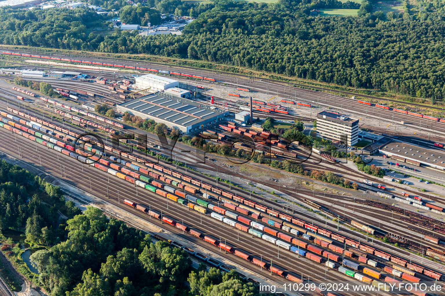 Marshalling yard and freight station Maschen of the Deutsche Bahn in the district Maschen in Seevetal in the state Lower Saxony, Germany viewn from the air