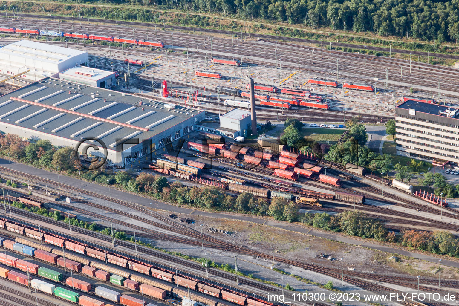Drone recording of Marshalling yard and freight station Maschen of the Deutsche Bahn in the district Maschen in Seevetal in the state Lower Saxony, Germany