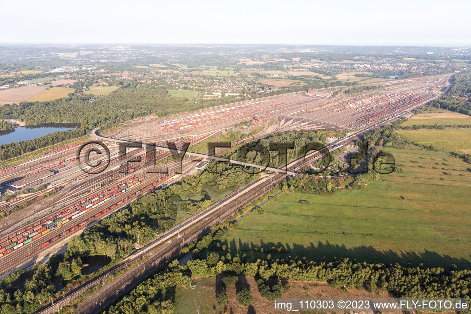 Marshalling yard and freight station Maschen of the Deutsche Bahn in the district Maschen in Seevetal in the state Lower Saxony, Germany from the drone perspective