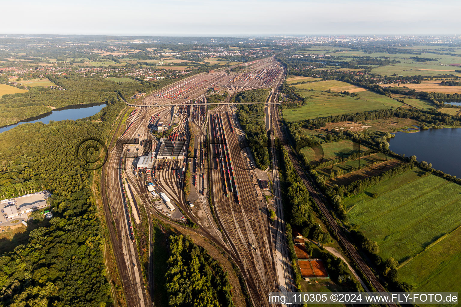 Marshalling yard and freight station Maschen of the Deutsche Bahn in the district Maschen in Seevetal in the state Lower Saxony, Germany from a drone