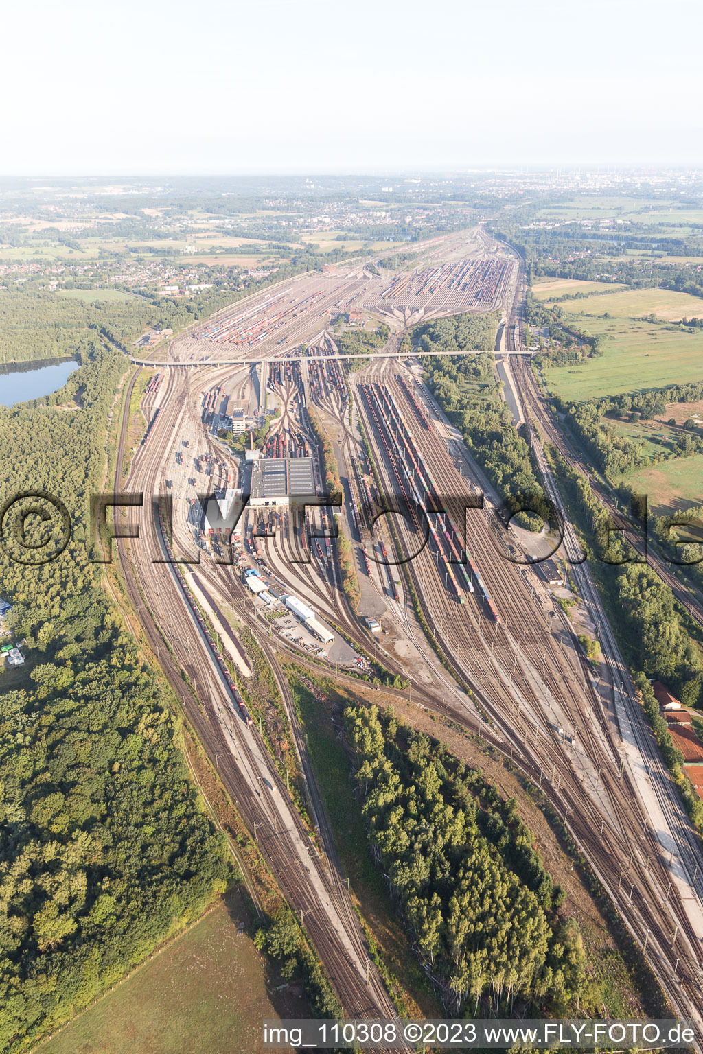 Marshalling yard and freight station Maschen of the Deutsche Bahn in the district Maschen in Seevetal in the state Lower Saxony, Germany seen from a drone