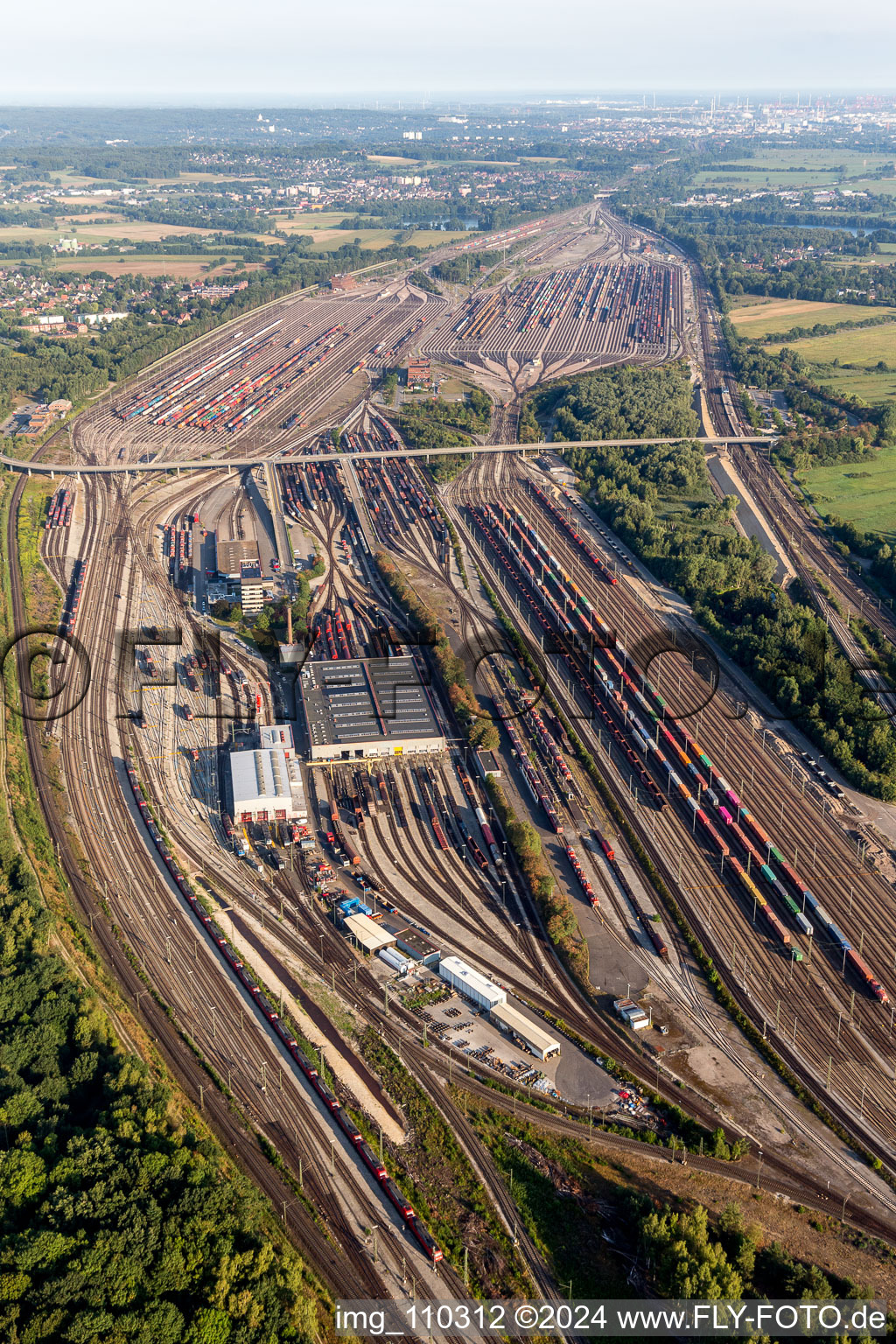 Aerial view of Marshalling yard and freight station Maschen of the Deutsche Bahn in the district Maschen in Seevetal in the state Lower Saxony, Germany