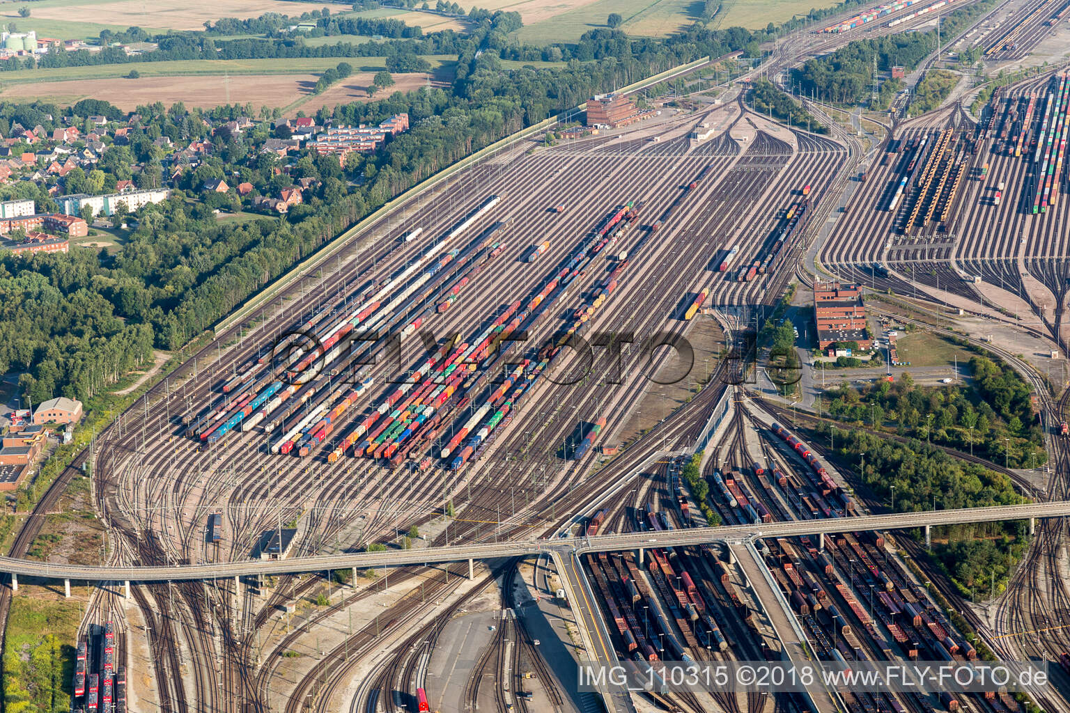 Oblique view of Marshalling yard and freight station Maschen of the Deutsche Bahn in the district Maschen in Seevetal in the state Lower Saxony, Germany
