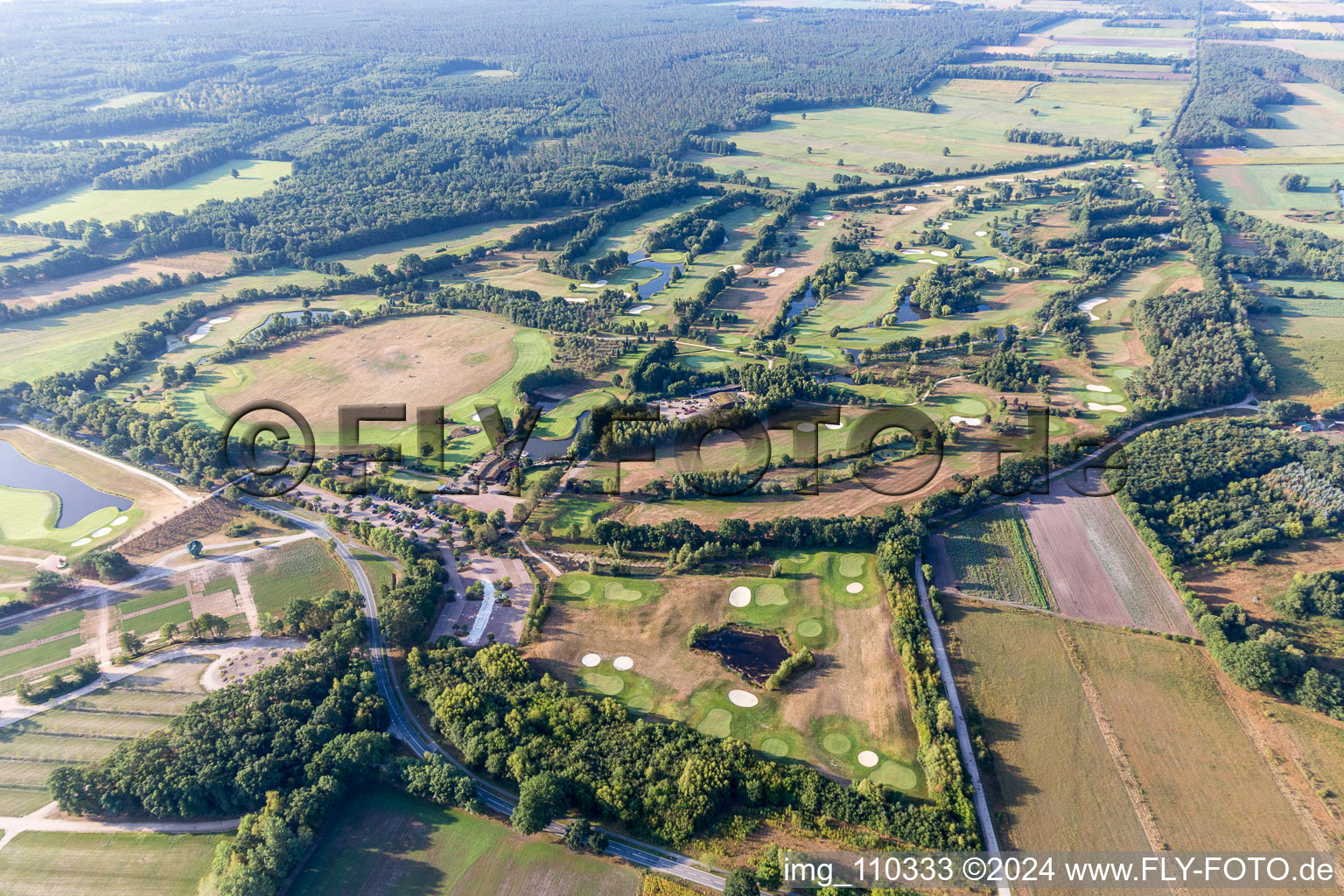 Grounds of the Golf course at Green Eagle Golf Courses in Winsen (Luhe) in the state Lower Saxony, Germany from above
