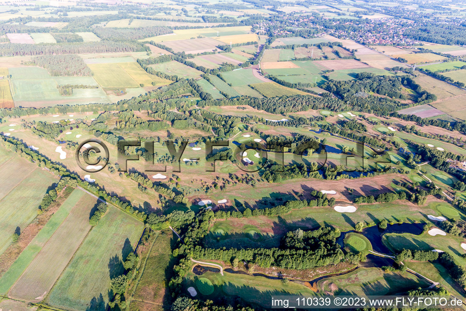 Grounds of the Golf course at Green Eagle Golf Courses in Winsen (Luhe) in the state Lower Saxony, Germany viewn from the air
