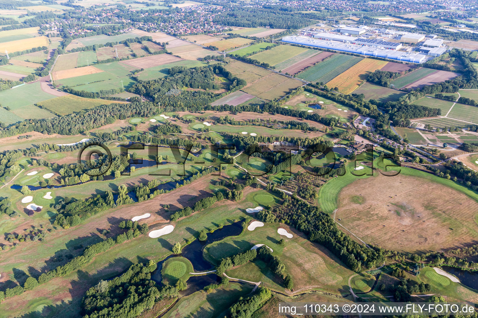 Grounds of the Golf course at Green Eagle Golf Courses in Winsen (Luhe) in the state Lower Saxony, Germany from a drone