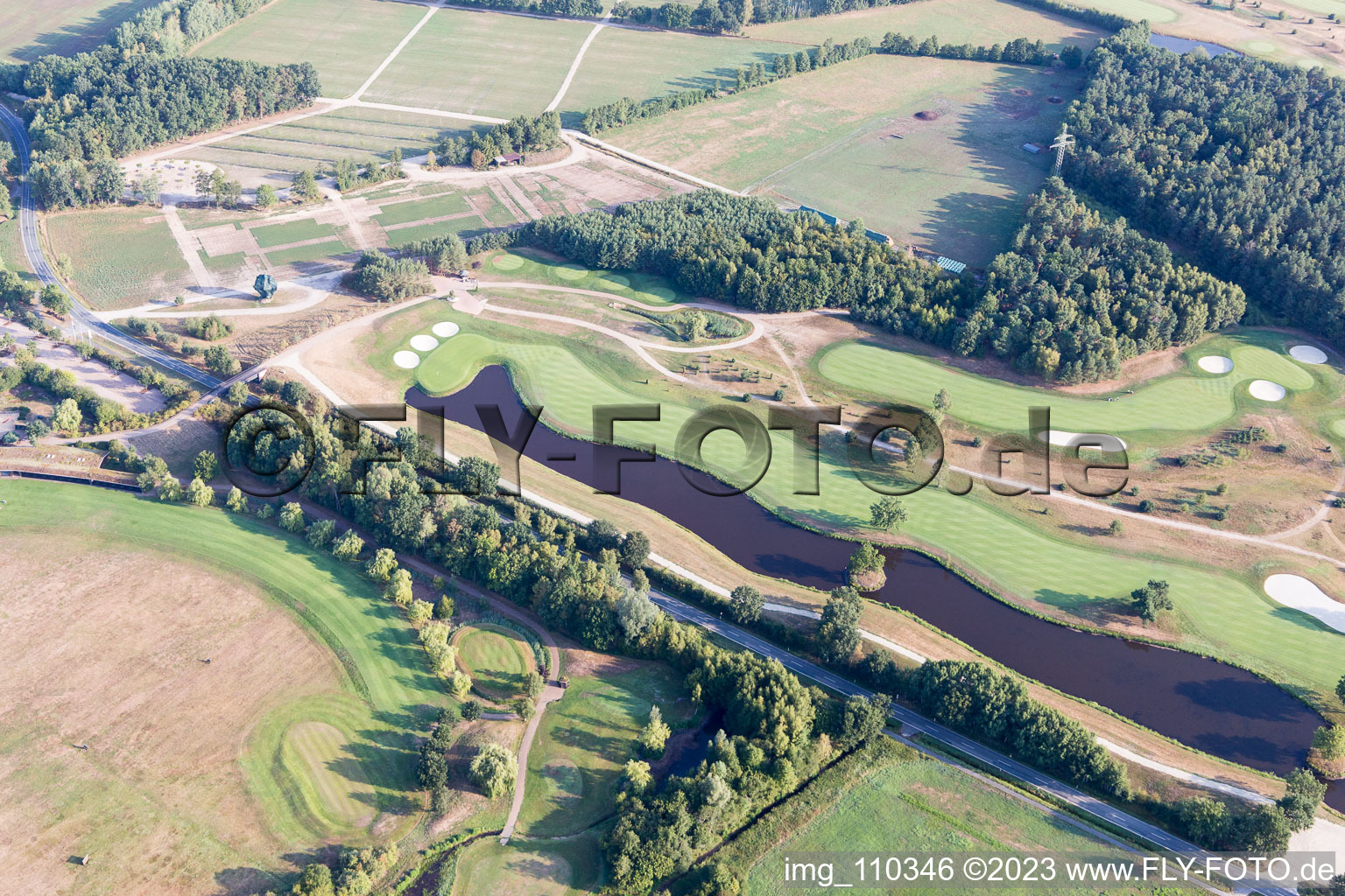 Aerial photograpy of Grounds of the Golf course at Green Eagle Golf Courses in Winsen (Luhe) in the state Lower Saxony, Germany