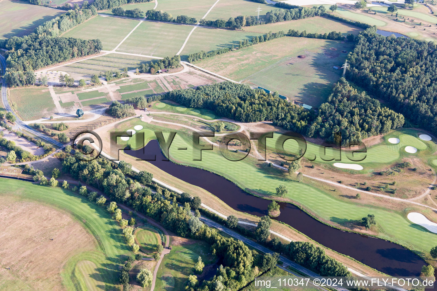 Grounds of the Golf course at Green Eagle Golf Courses in Winsen (Luhe) in the state Lower Saxony, Germany from the plane