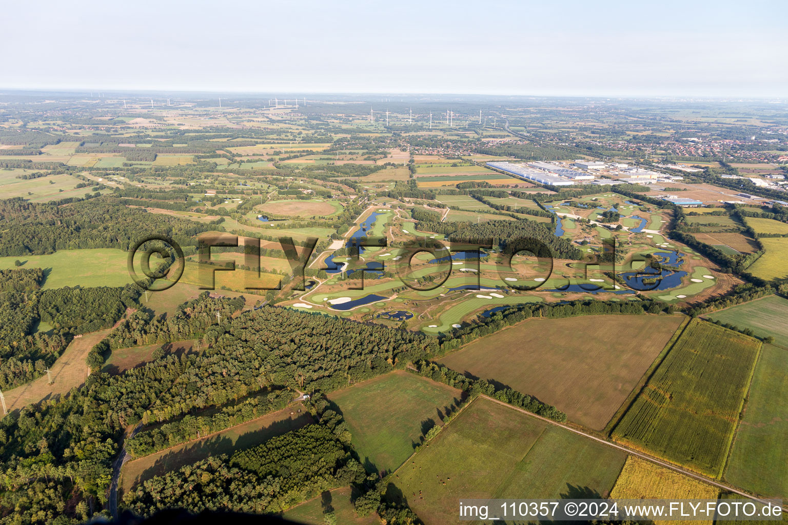 Grounds of the Golf course at Green Eagle Golf Courses in Winsen (Luhe) in the state Lower Saxony, Germany from a drone