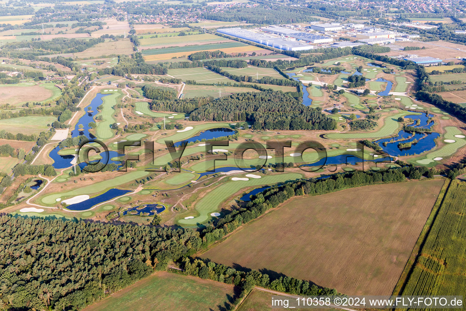 Grounds of the Golf course at Green Eagle Golf Courses in Winsen (Luhe) in the state Lower Saxony, Germany seen from a drone