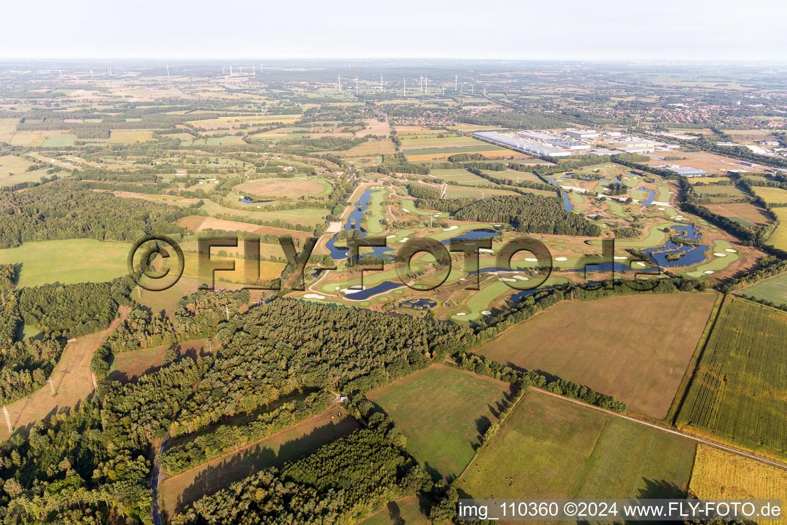 Grounds of the Golf course at Green Eagle Golf Courses in Winsen (Luhe) in the state Lower Saxony, Germany from a drone