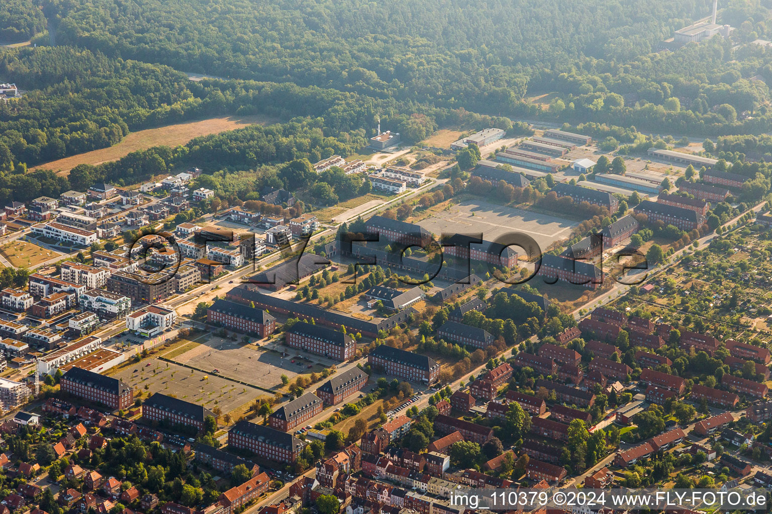 Aerial photograpy of Building complex of the former military barracks in Lueneburg in the state Lower Saxony, Germany