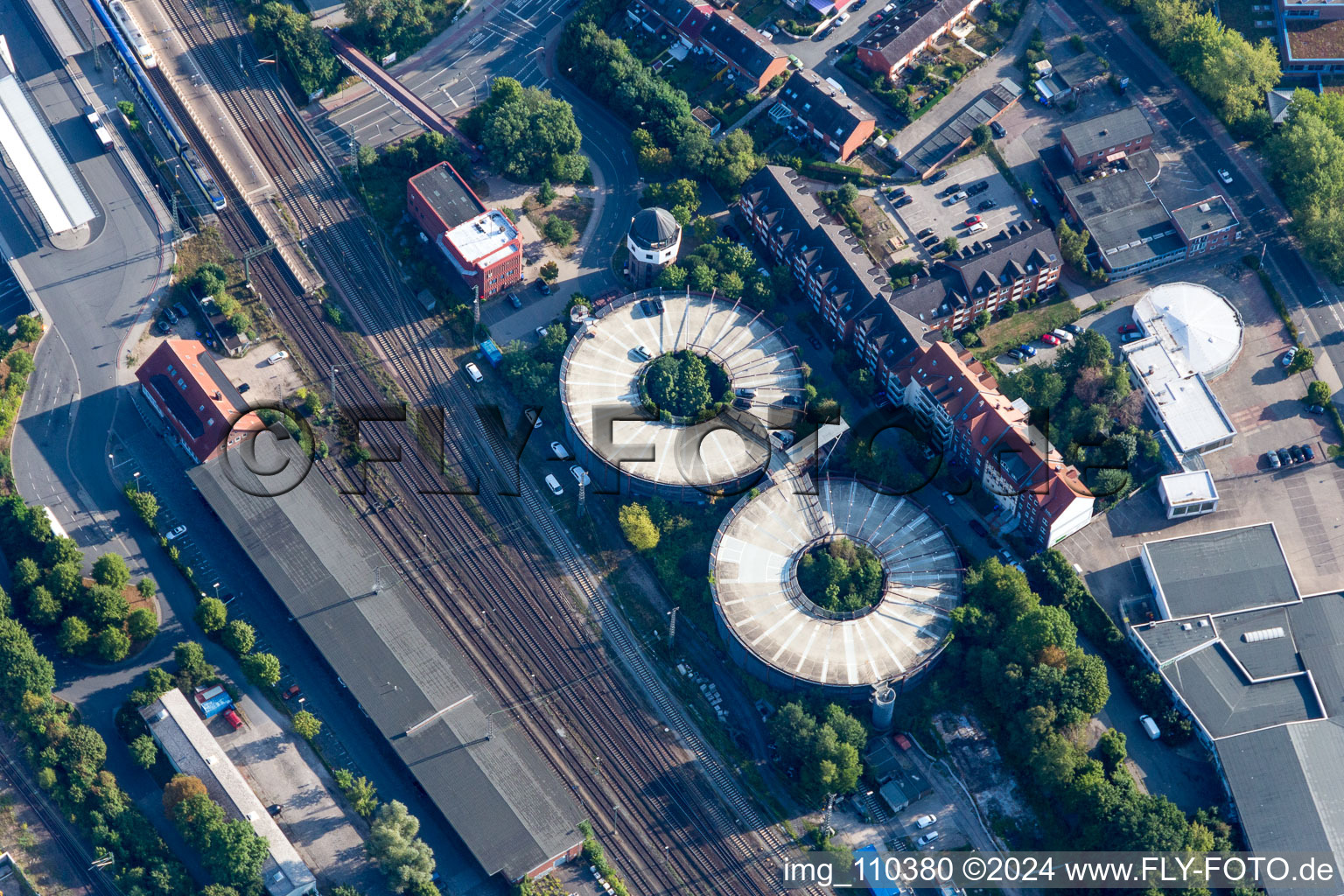 Aerial view of Double circular Parking deck on the building of the car park Parkhaus on Bahnhof in Lueneburg in the state Lower Saxony, Germany