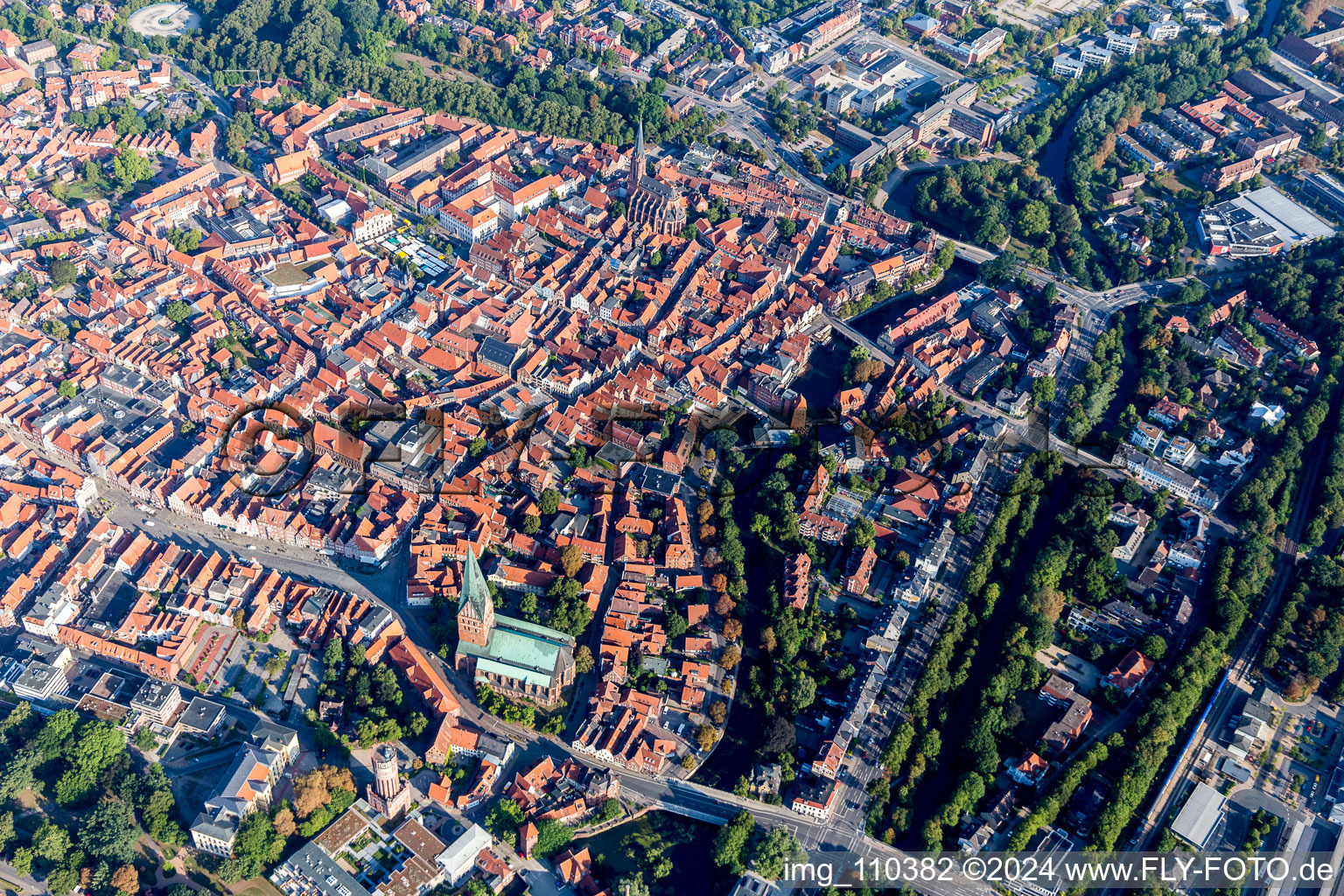 Aerial view of Church building in of St. Johannis in Old Town- center of downtown in Lueneburg in the state Lower Saxony, Germany