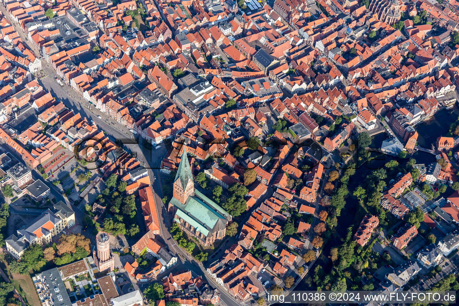 Aerial photograpy of Church building in of St. Johannis in Old Town- center of downtown in Lueneburg in the state Lower Saxony, Germany