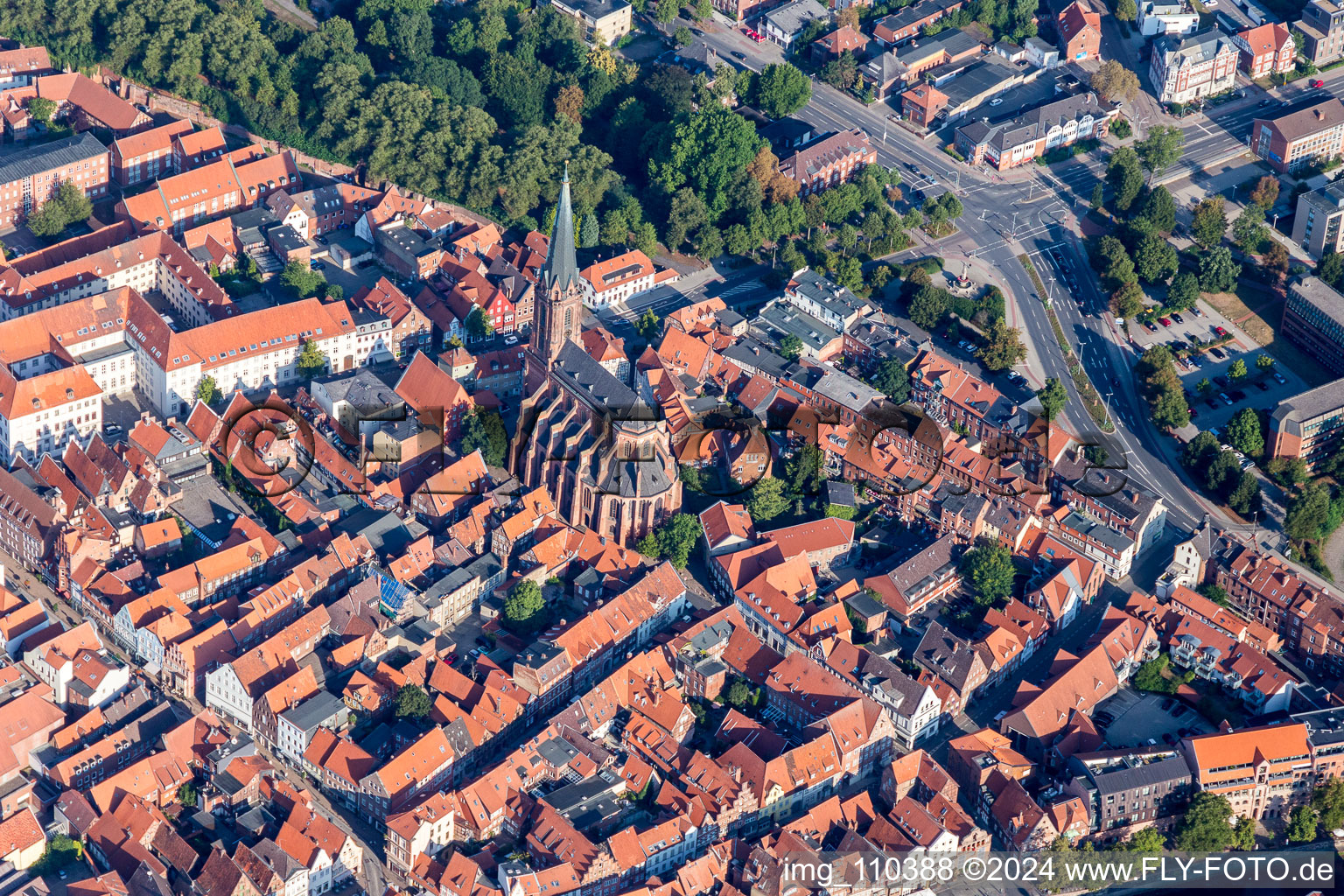 Aerial view of Church building in St. Nicolai in Old Town- center of downtown in Lueneburg in the state Lower Saxony, Germany