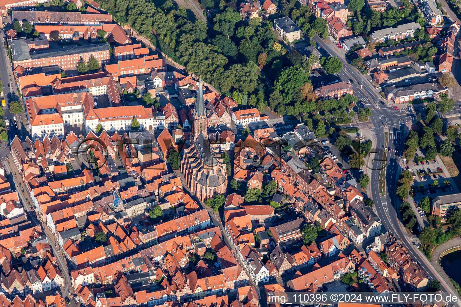 Aerial photograpy of Church building in St. Nicolai in Old Town- center of downtown in Lueneburg in the state Lower Saxony, Germany