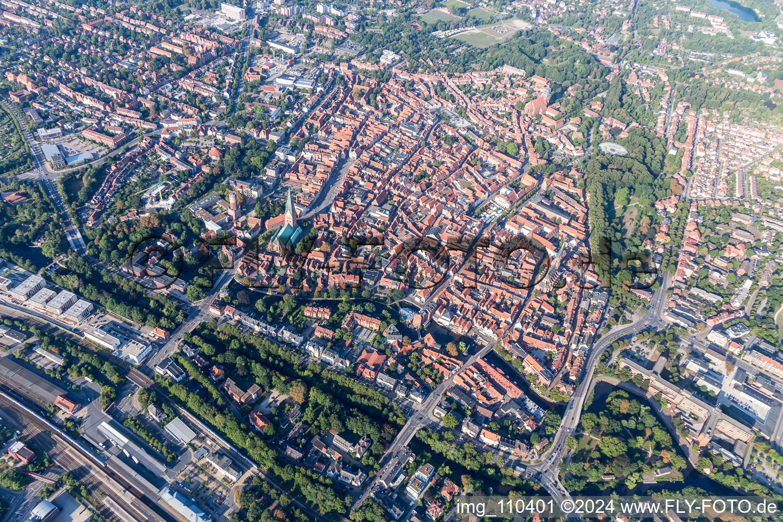 Aerial photograpy of Old Town area and city center in Lueneburg in the state Lower Saxony, Germany