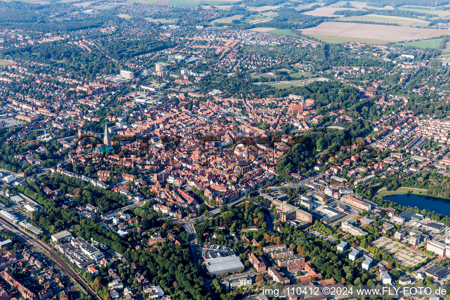 Oblique view of Old Town area and city center in Lueneburg in the state Lower Saxony, Germany