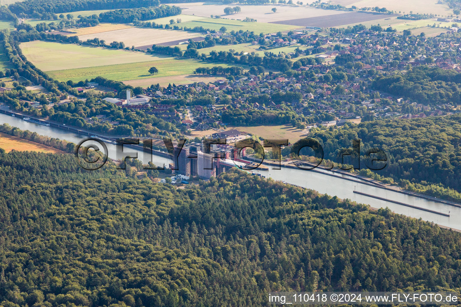 Aerial view of Boat lift and locks plants on the banks of the waterway of the Elbe side channel in Scharnebeck in the state Lower Saxony, Germany