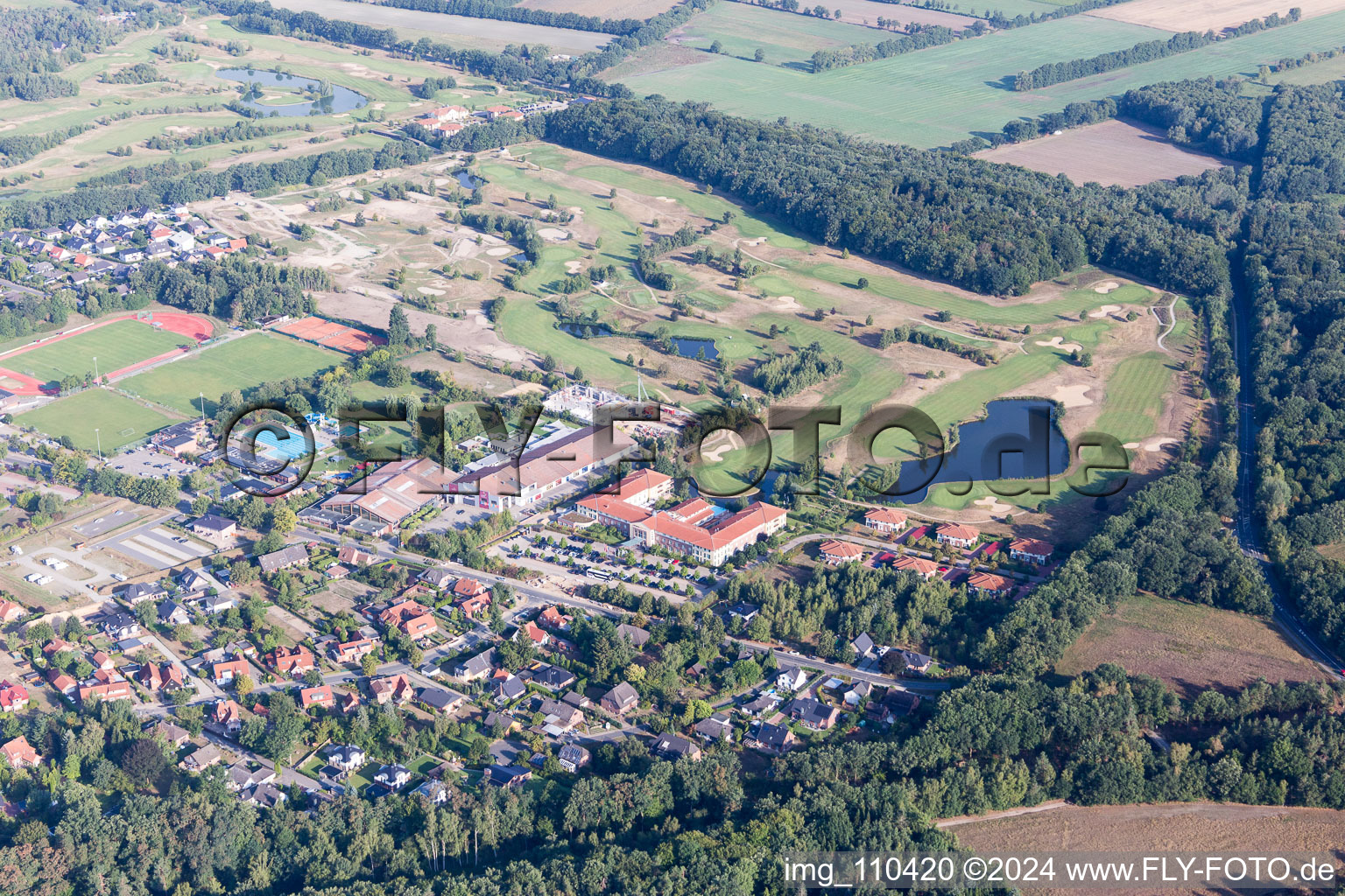 Aerial view of Grounds of the Golf course at Golf Resort Adendorf in Adendorf in the state Lower Saxony, Germany