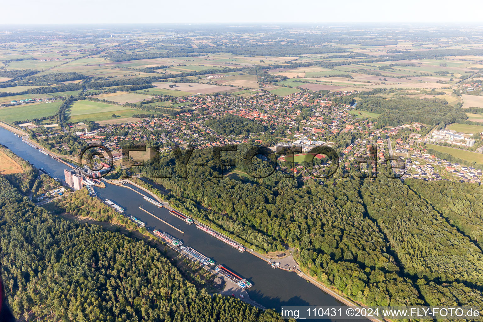 Oblique view of Boat lift and locks plants on the banks of the waterway of the Elbe side channel in Scharnebeck in the state Lower Saxony, Germany