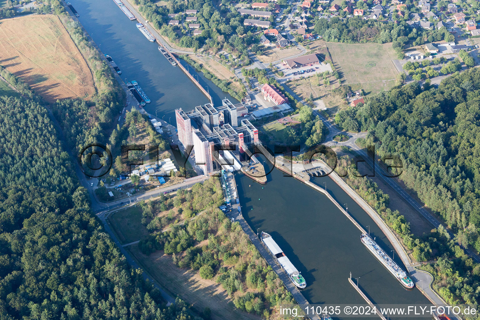 Boat lift and locks plants on the banks of the waterway of the Elbe side channel in Scharnebeck in the state Lower Saxony, Germany out of the air