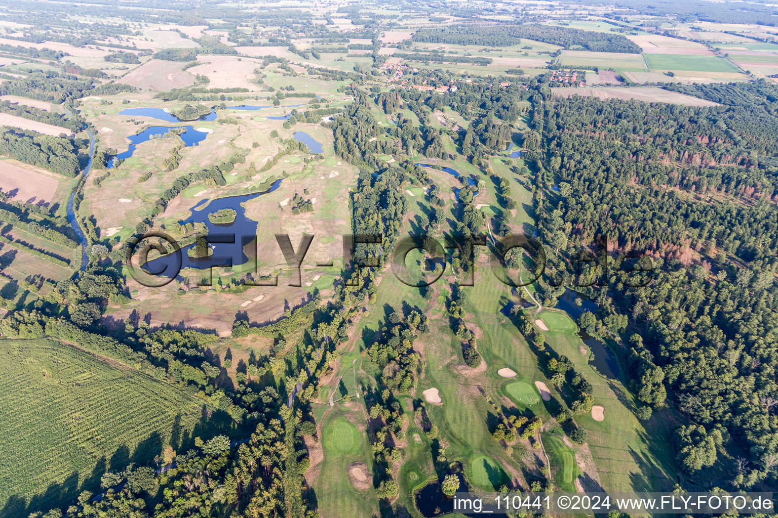 Aerial view of Grounds of the Golf course at Golfanlage Schloss Luedersburg in Luedersburg in the state Lower Saxony, Germany