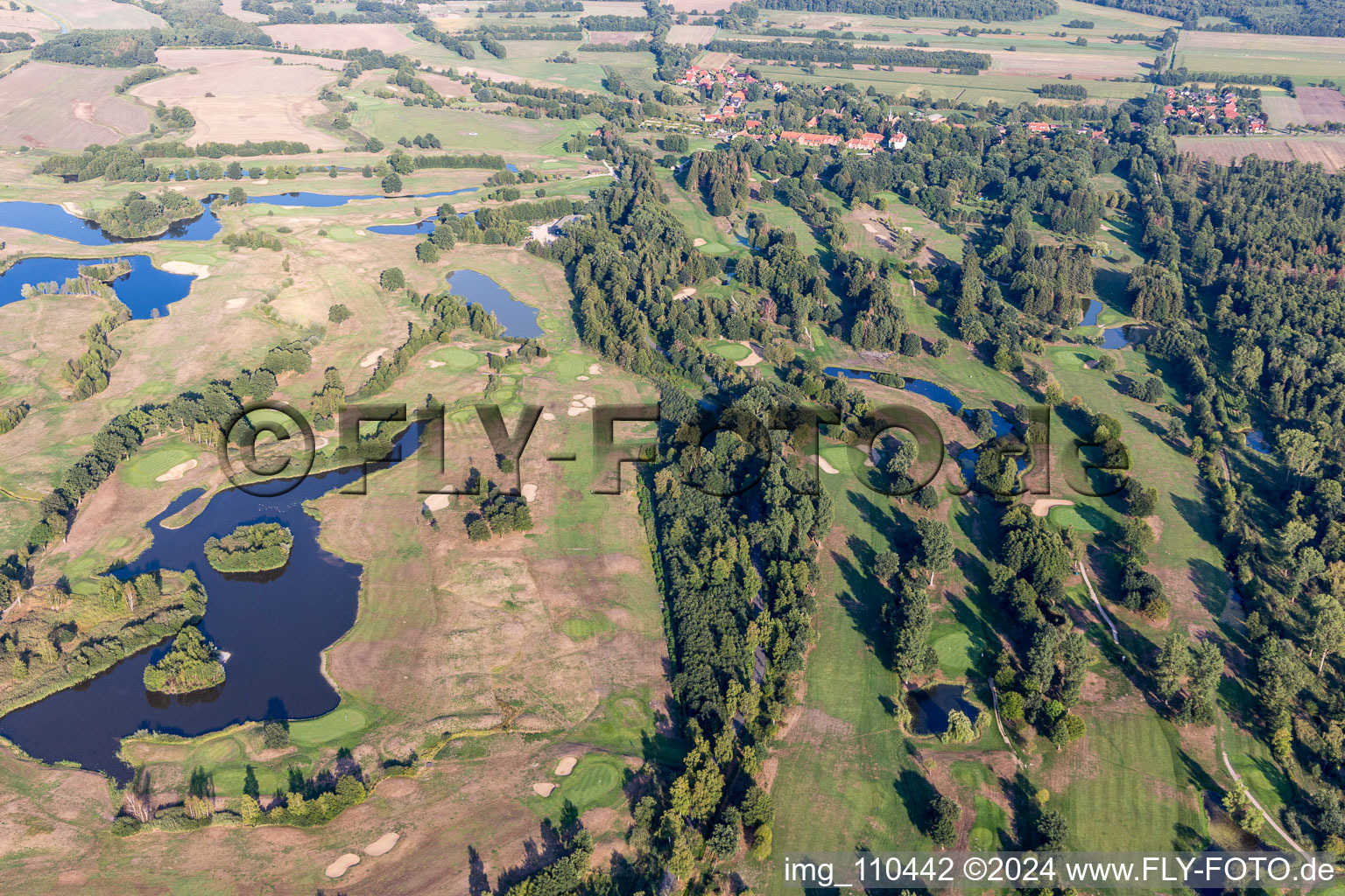 Aerial photograpy of Grounds of the Golf course at Golfanlage Schloss Luedersburg in Luedersburg in the state Lower Saxony, Germany