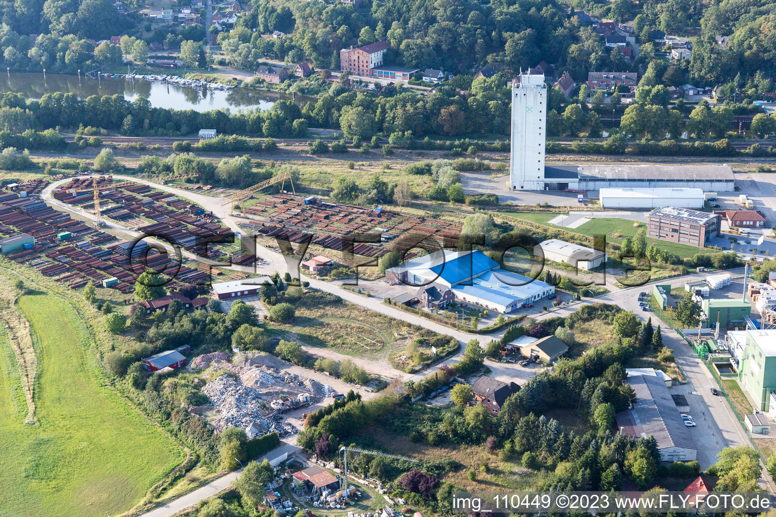 Aerial view of Industrial area on the foothills of the Elbe in Lauenburg in the state Schleswig Holstein, Germany