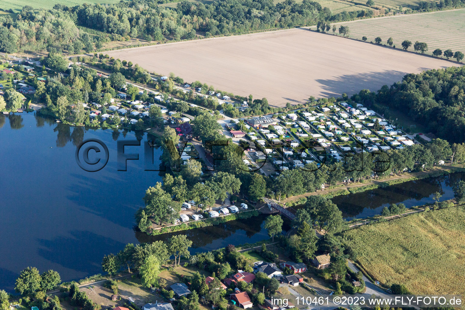 Aerial photograpy of Camping Lanzer See in Basedow in the state Schleswig Holstein, Germany
