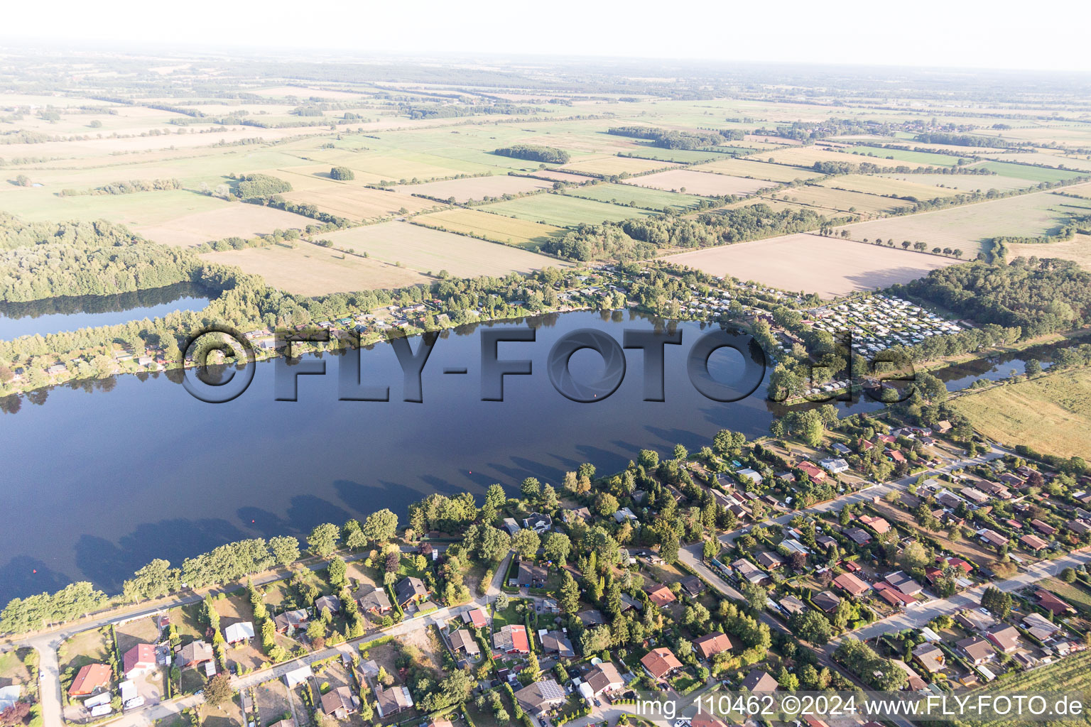 Oblique view of Camping Lanzer See in Basedow in the state Schleswig Holstein, Germany