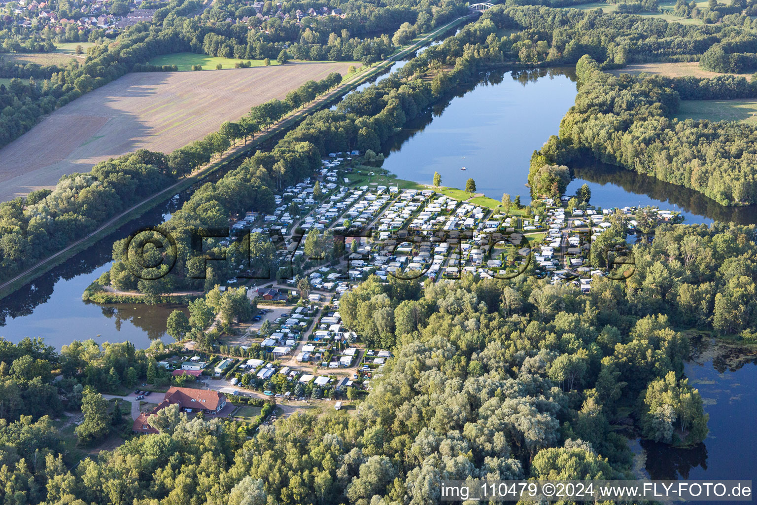 Aerial view of Camping Forellensee in Witzeeze in the state Schleswig Holstein, Germany