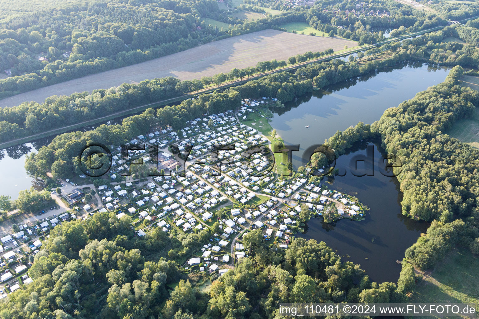 Oblique view of Camping Forellensee in Witzeeze in the state Schleswig Holstein, Germany