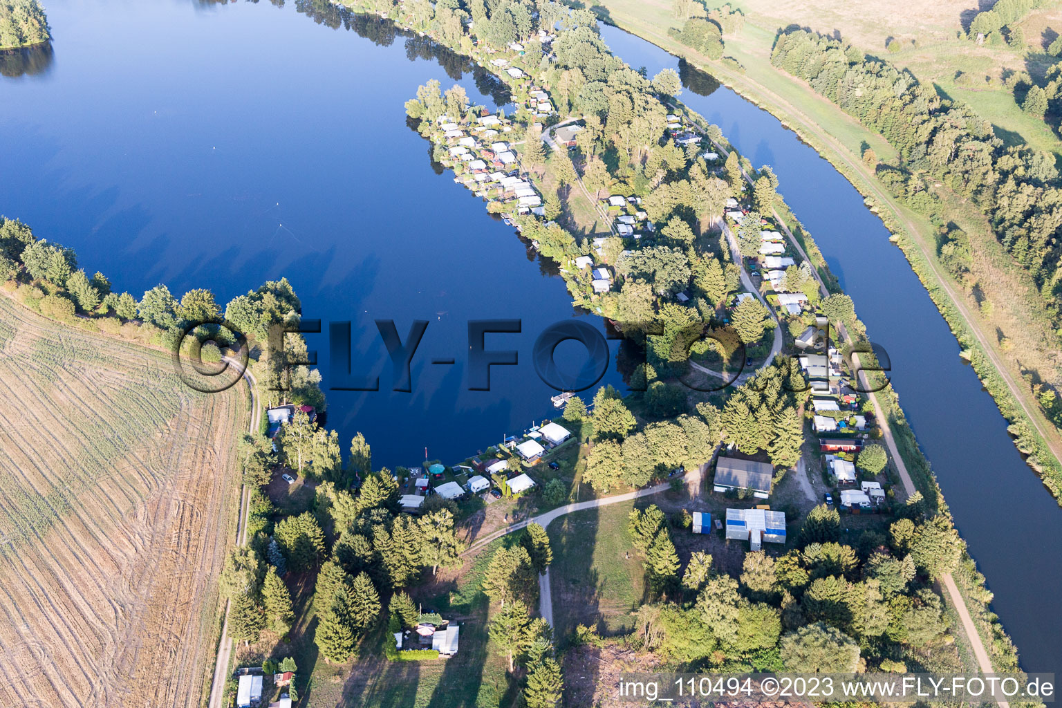 Aerial view of Camping at the Prüßsee in Güster in the state Schleswig Holstein, Germany