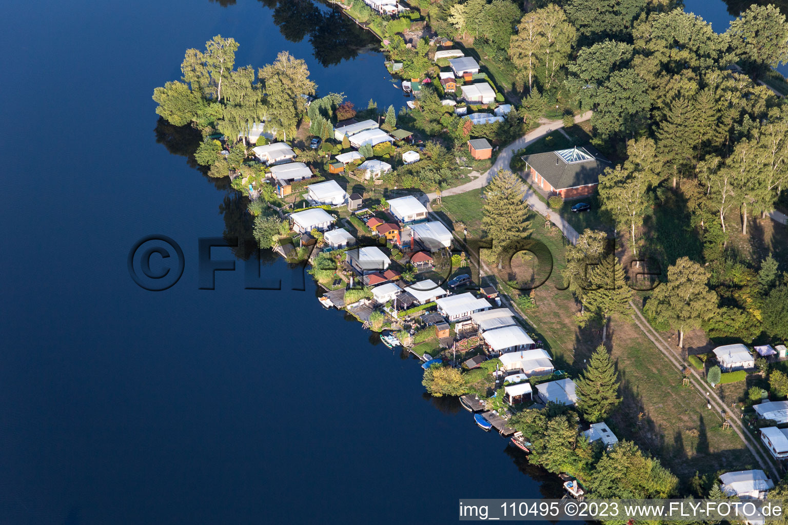 Aerial photograpy of Camping at the Prüßsee in Güster in the state Schleswig Holstein, Germany
