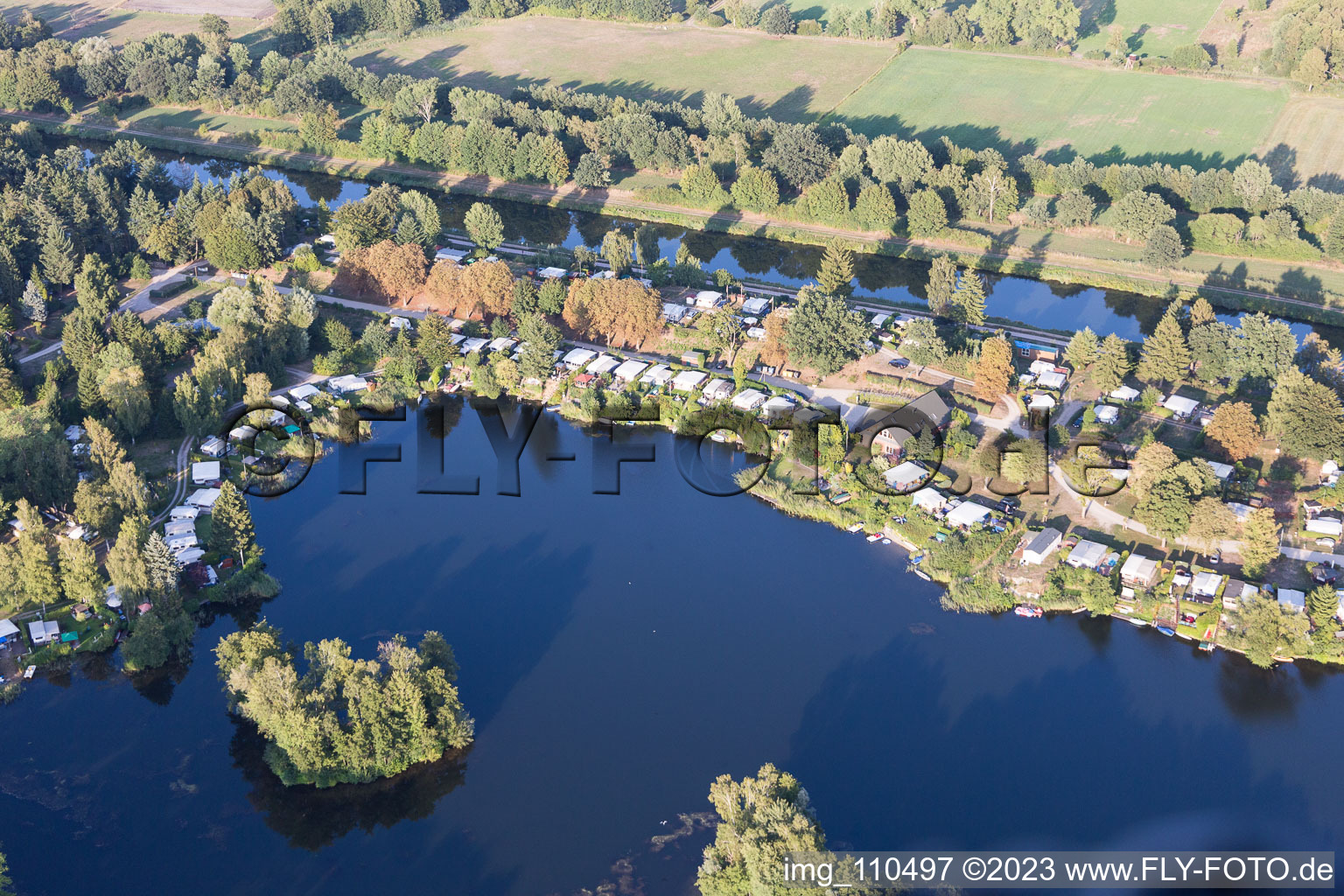 Camping at the Prüßsee in Güster in the state Schleswig Holstein, Germany from above