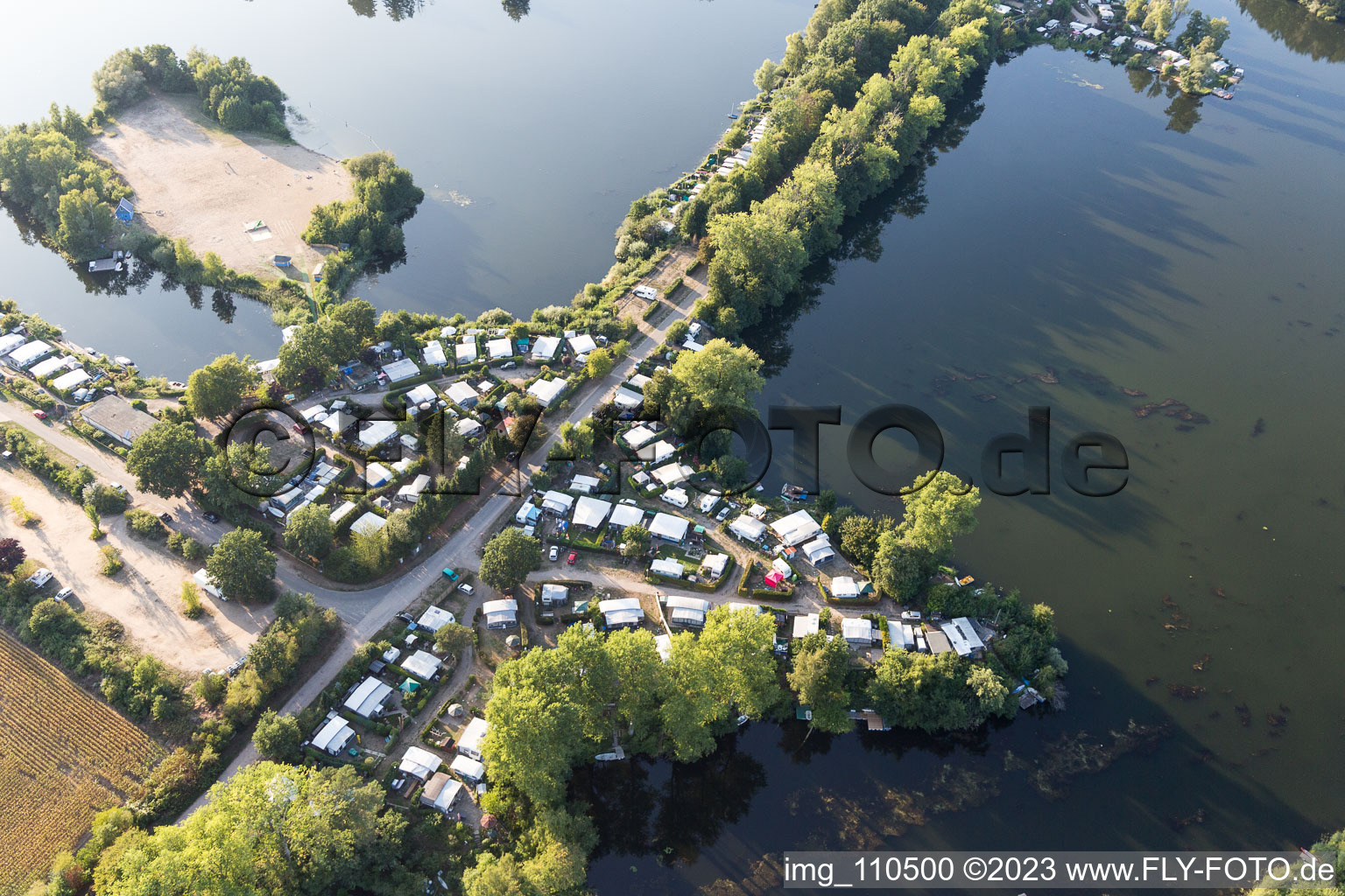 Camping at the Prüßsee in Güster in the state Schleswig Holstein, Germany seen from above